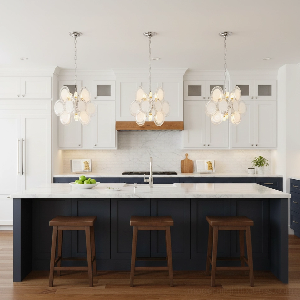 Triple cluster glass disc pendant chandeliers installed over white cabinet kitchen island, contemporary interior design