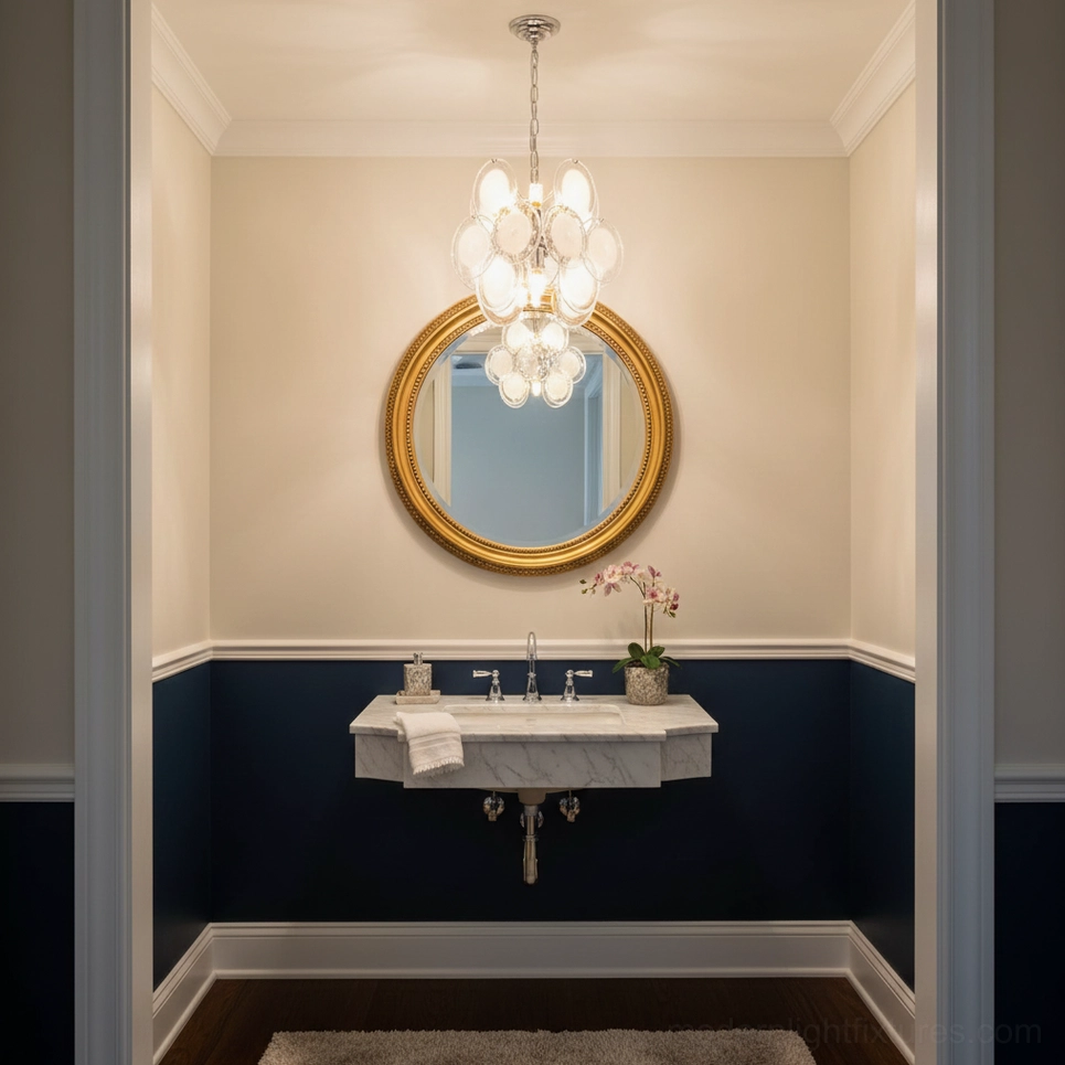 Brunelle cluster globe pendant chandelier above bathroom vanity mirror, warm glowing light in elegant traditional bathroom