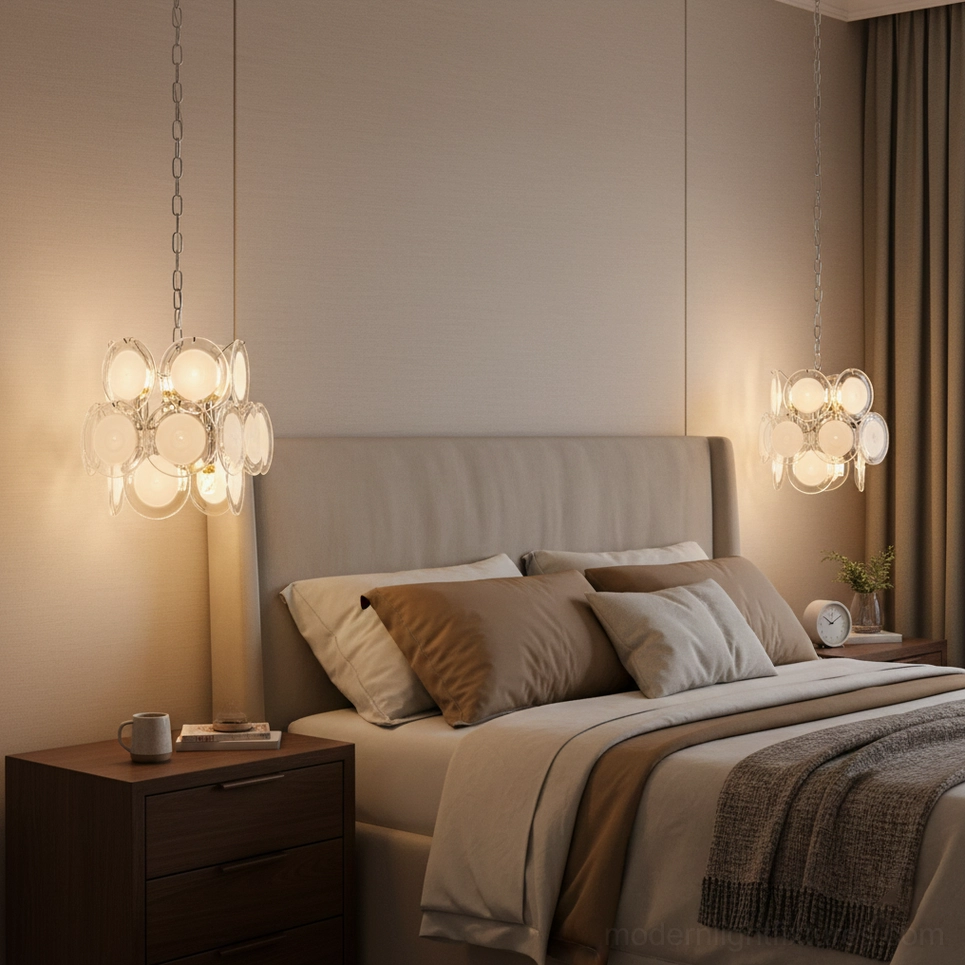 Brunelle cluster globe pendant chandelier in warm bedroom corner, soft ambient bedside lighting and interior ambiance
