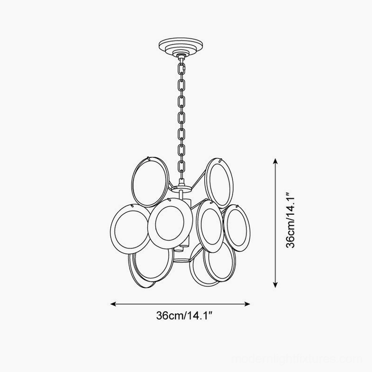 Technical schematic and orthographic line drawing of Brunelle glass disc pendant, showing 36cm width and height dimensions
