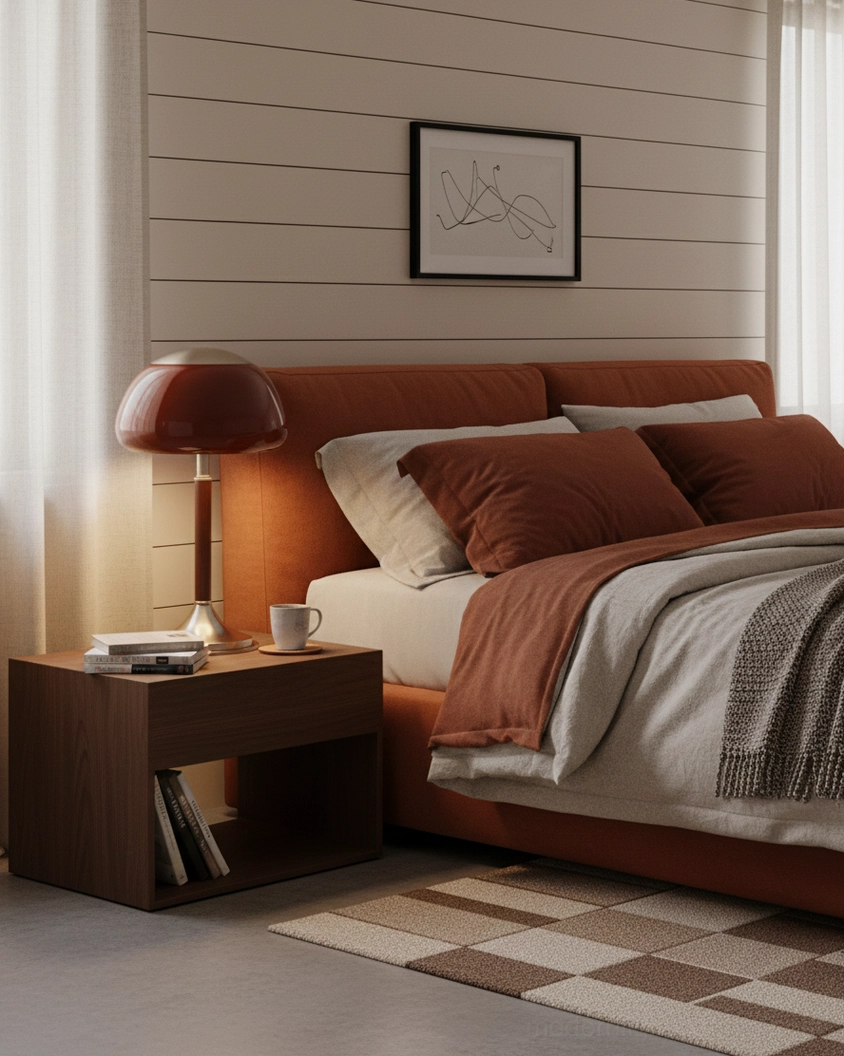 Brunello table lamp positioned on bedroom nightstand with warm 3000K light creating cozy bedside atmosphere