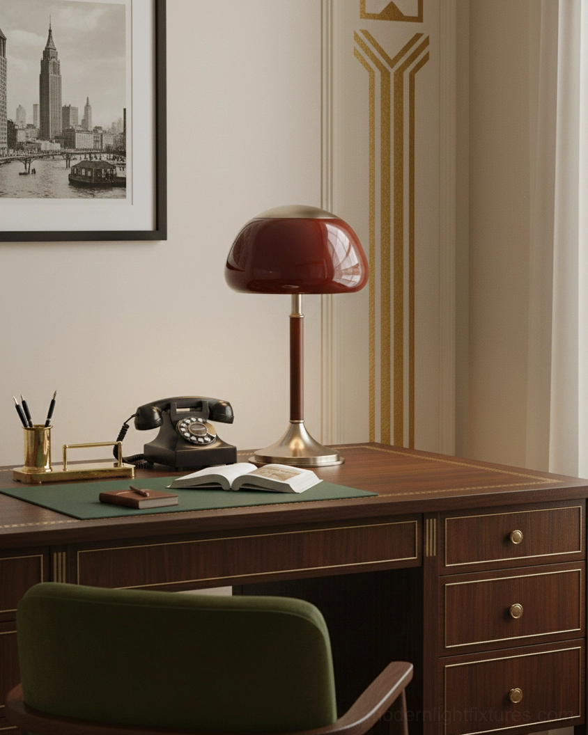 Brunello table lamp in vintage home office workspace next to telephone and desk accessories