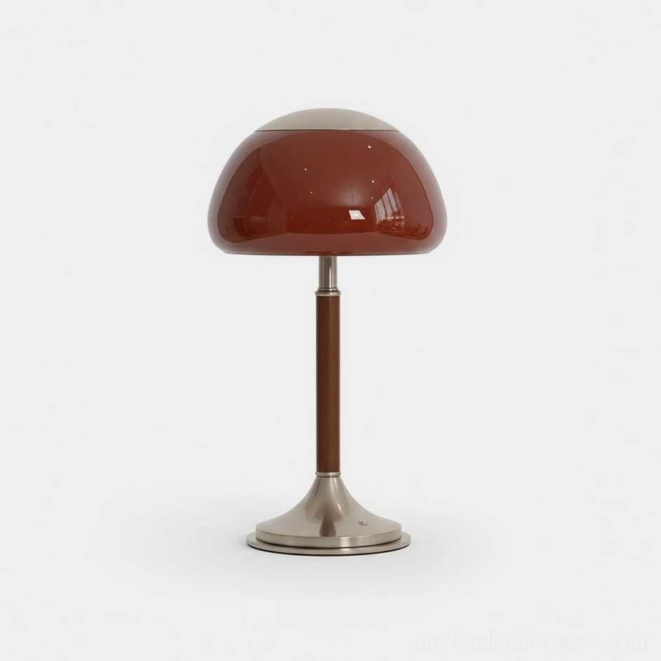 Brunello mid-century modern table lamp with glossy burgundy dome shade and brushed metal base on white background