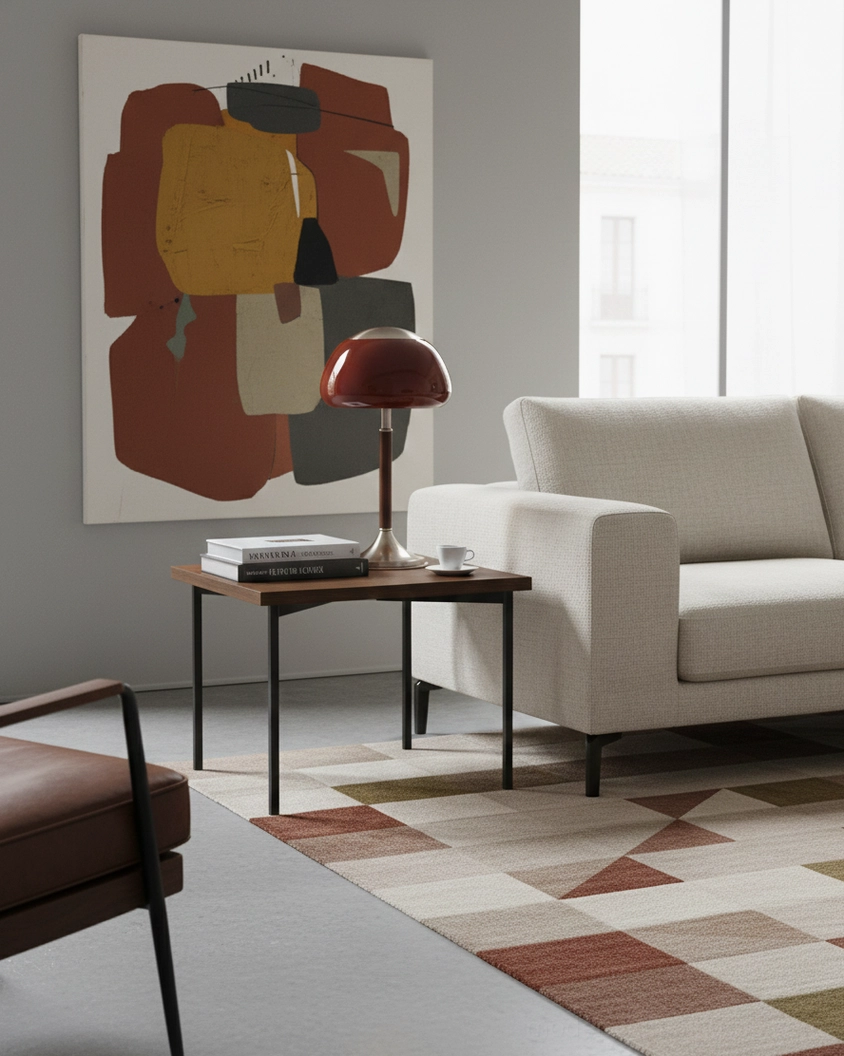 Brunello mid-century table lamp in minimalist modern living room corner with abstract wall art