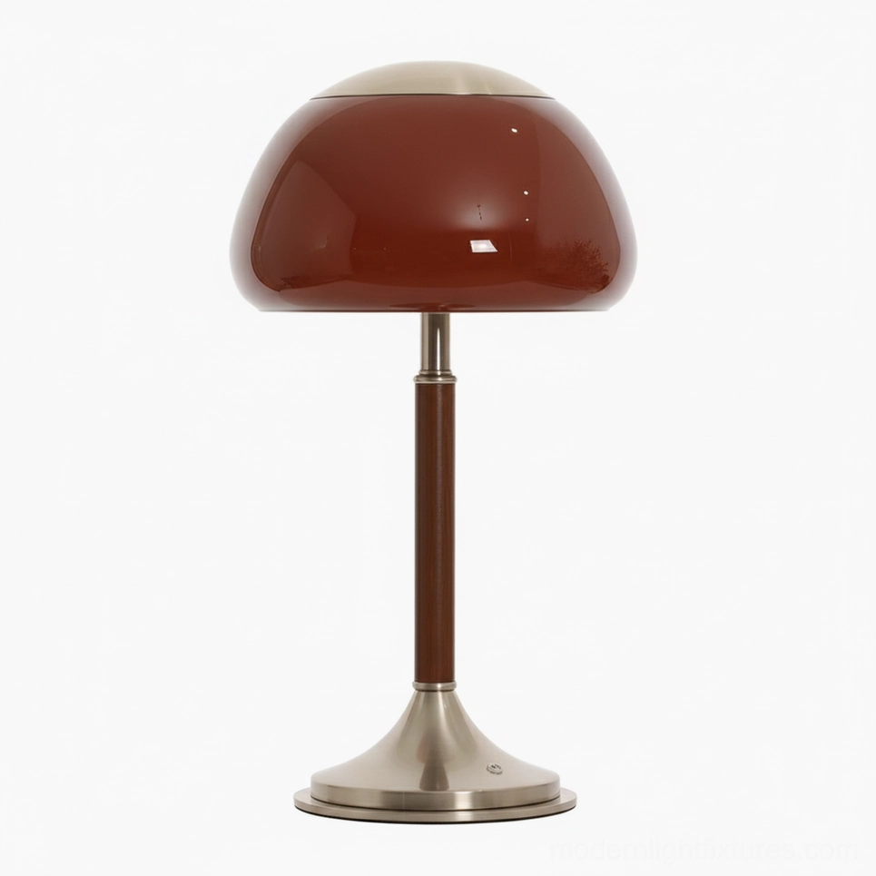 Brunello table lamp front low-angle view with glossy burgundy mushroom shade and silver metal base