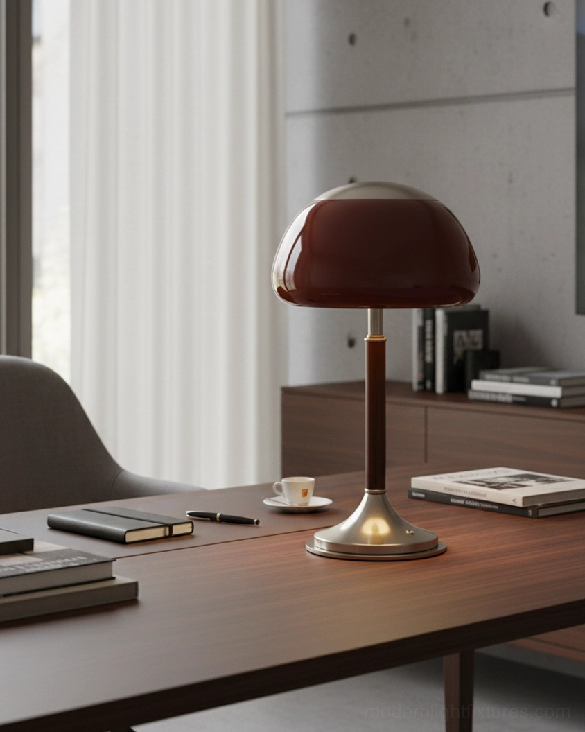 Brunello mid-century modern table lamp with nickel finish and integrated LED warm white lighting