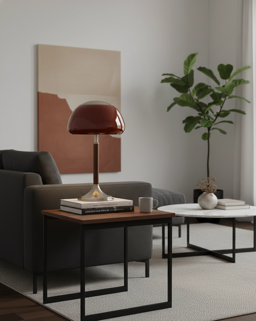 Brunello table lamp with walnut color dome shade showing mid-century modern design aesthetic