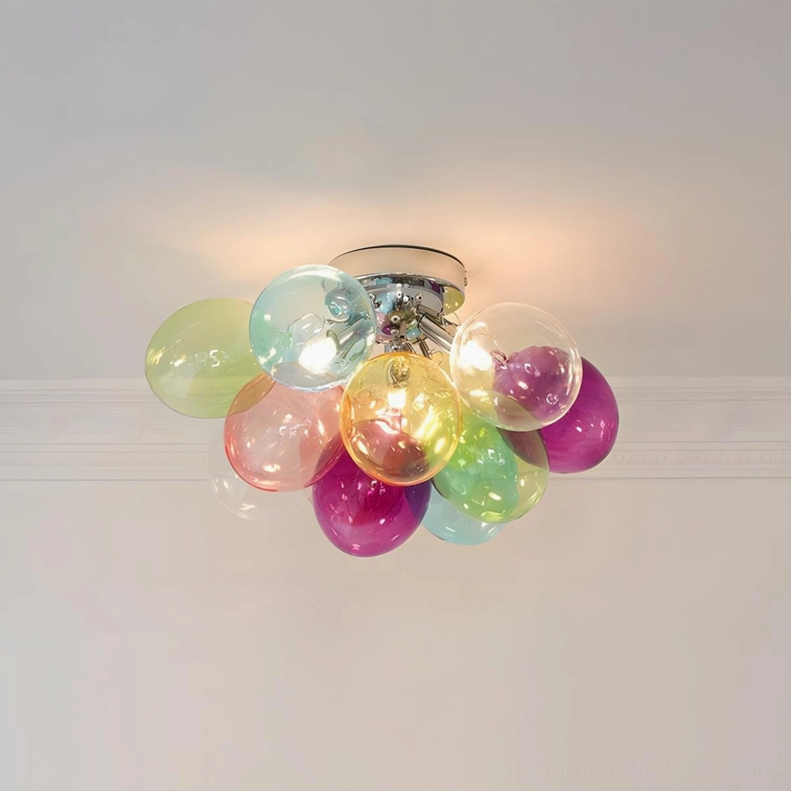 3-head bubble ceiling light fixture - 30cm multicolor glass orb pendant, chrome finish modern design