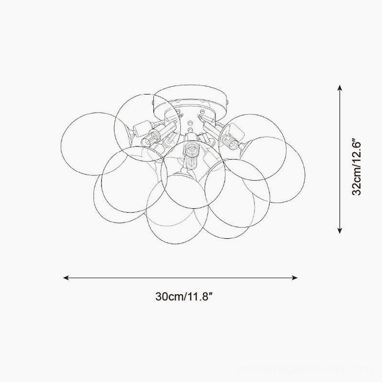 30cm bubble ceiling light fixture technical drawing - 3-head glass orb cluster dimension schematic