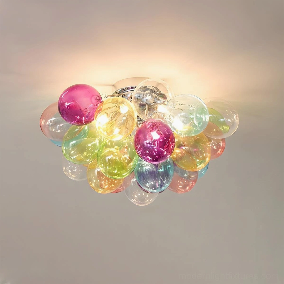6-head bubble ceiling light fixture - 50cm multicolor glass orb pendant, chrome finish modern design