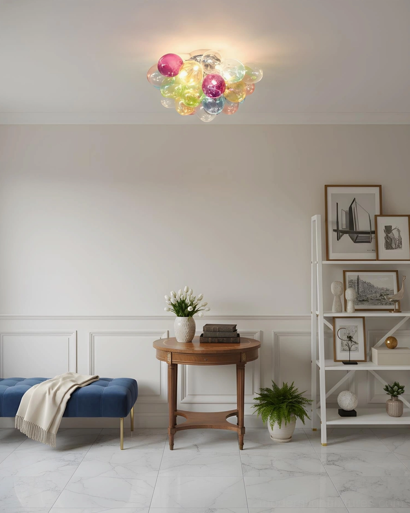 Glass bubble ceiling light installation detail - chrome canopy and multicolor orb cluster close-up view