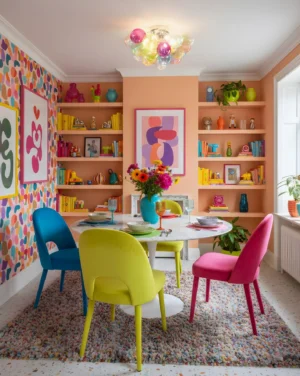 Modern bubble ceiling light in vibrant dining room - multicolor glass pendant lighting contemporary interior design