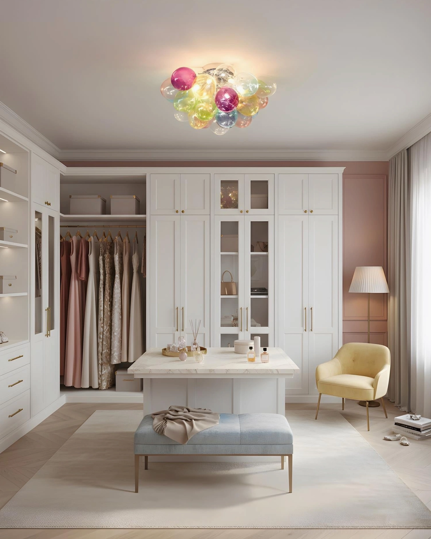 Bubble ceiling light in elegant walk-in closet - colorful glass pendant adding style to neutral dressing space