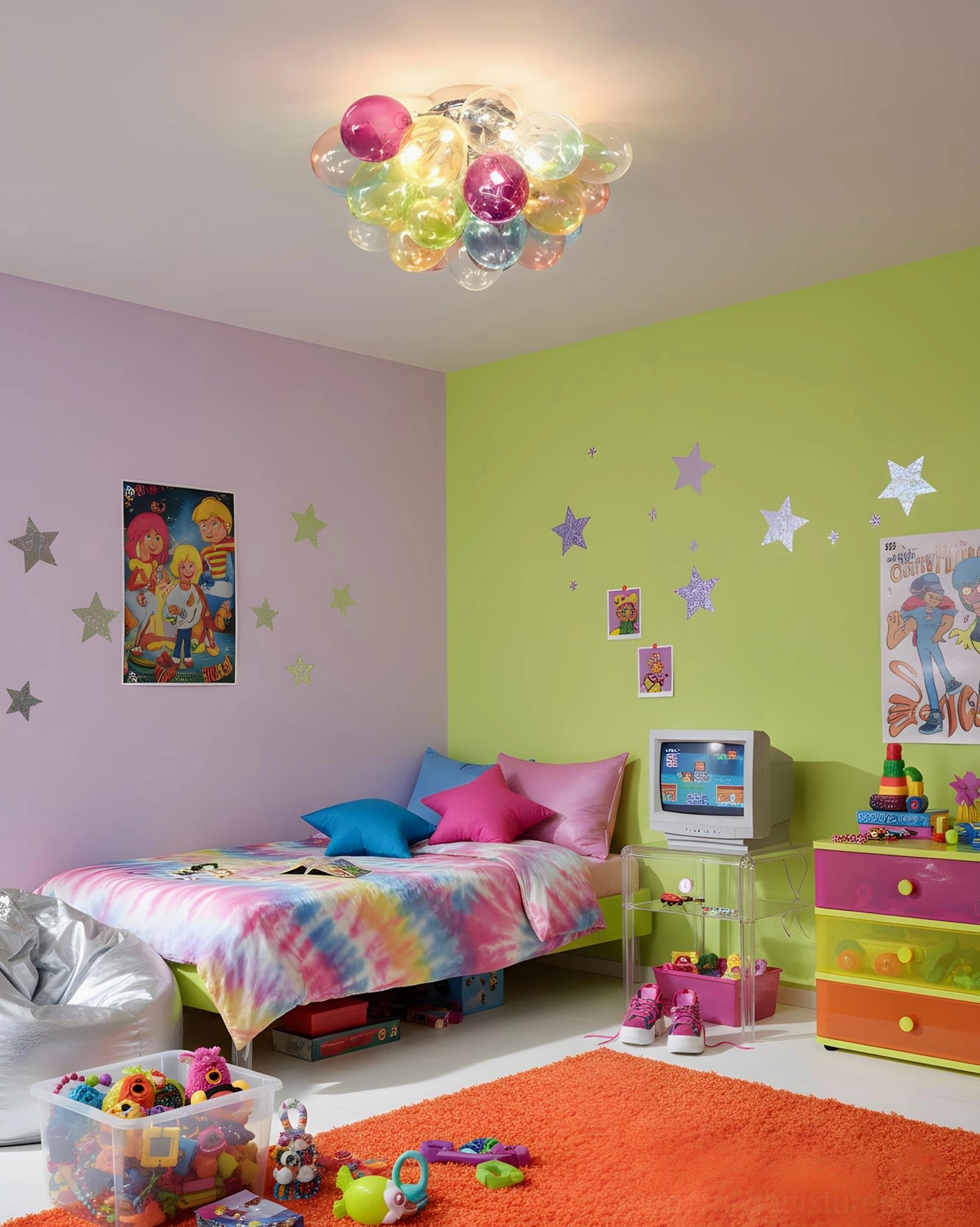 Kids bedroom ceiling light - bubble glass fixture with colorful orbs, child-friendly modern lighting design