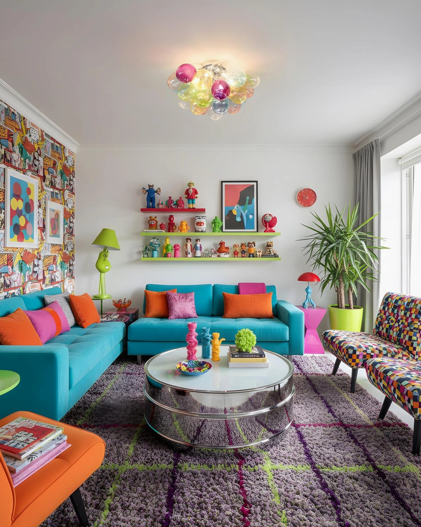 Modern bubble ceiling light in contemporary living room - multicolor glass orbs creating ambient illumination