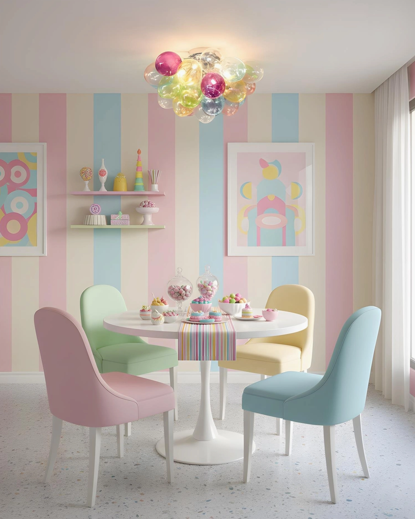 Playful bubble glass ceiling lamp in pastel dining room - soft whimsical modern pendant light design
