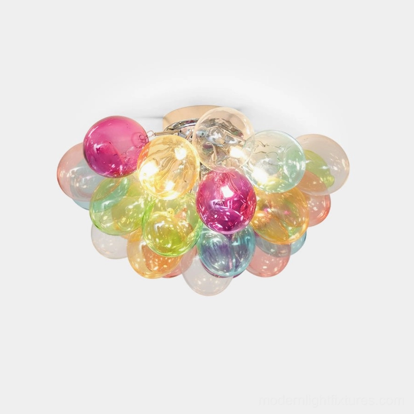Bubble ceiling light fixture - colorful transparent glass orb cluster with chrome canopy, front view studio photography