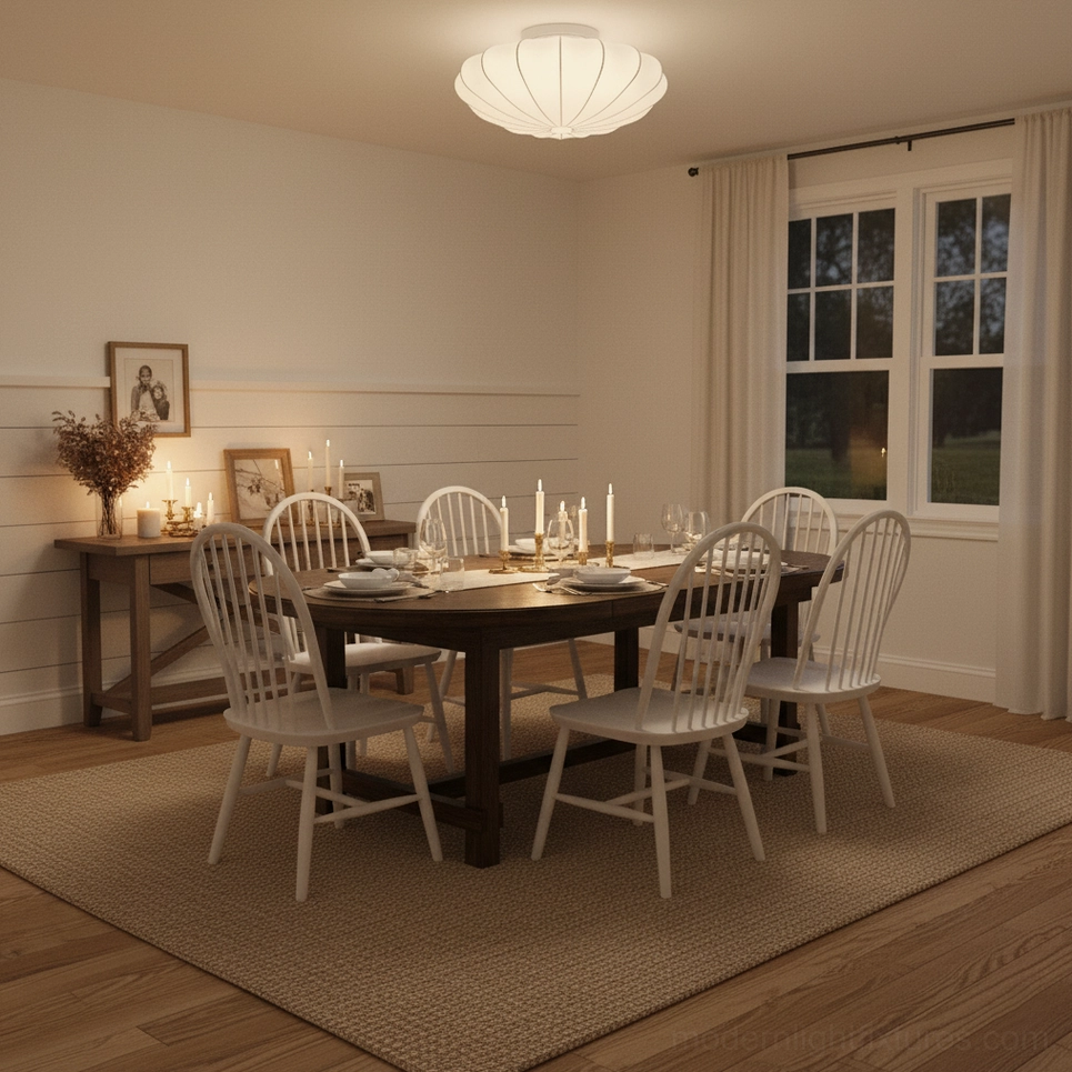 Medium bubble pendant light in formal dining room overhead fixture creating warm dinner ambiance