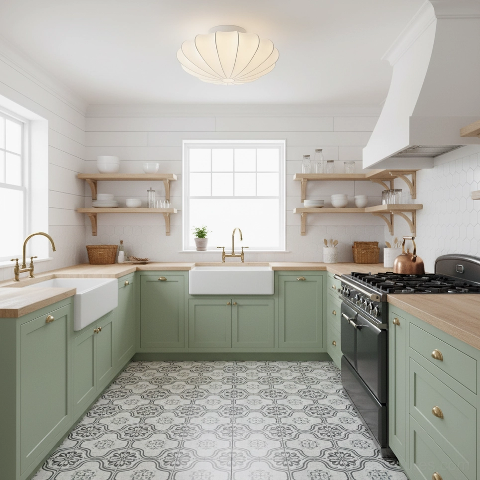 Contemporary bubble ceiling light in modern farmhouse kitchen with green cabinetry warm lighting