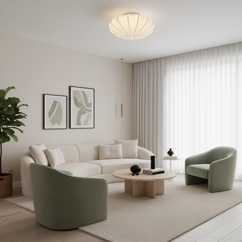 Small bubble ceiling light in modern minimalist living room providing distributed soft overhead lighting