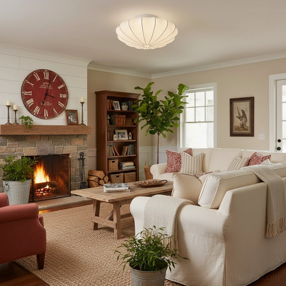 Large bubble ceiling light in traditional rustic living room with fireplace creating cozy ambient lighting