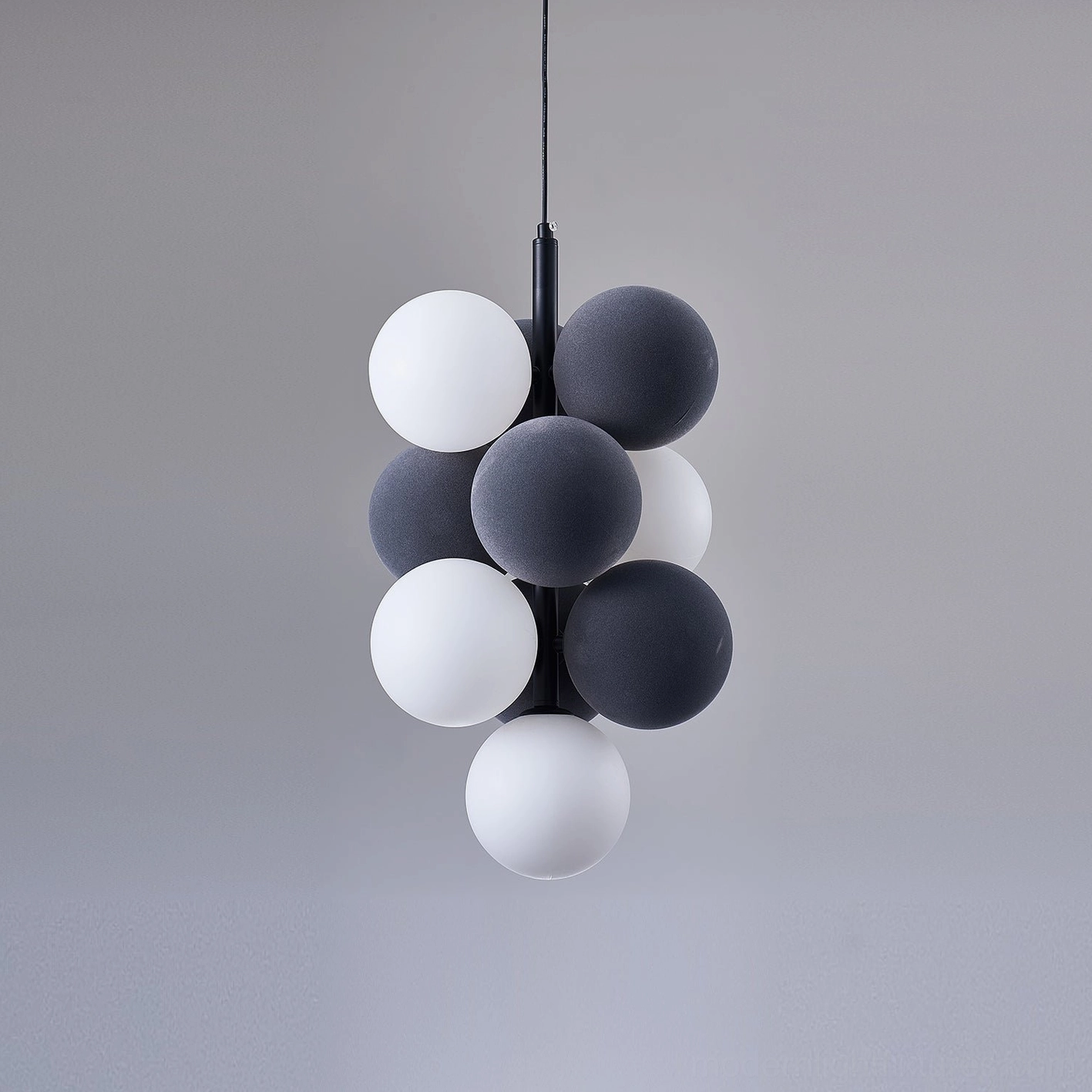 Bubble sphere pendant light with adjustable wire suspension and ceiling mount hardware