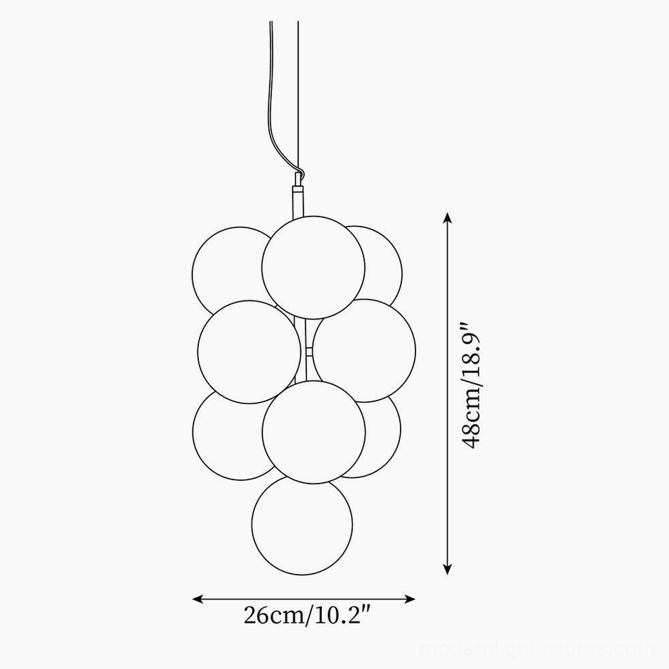 Technical schematic of vertical bubble pendant light showing 26cm diameter and 48cm height dimensions