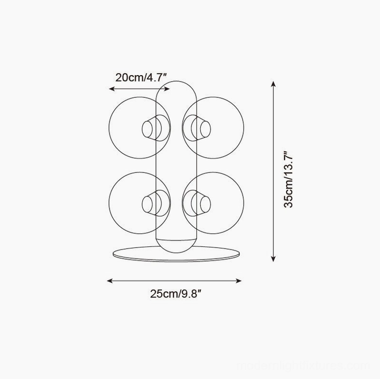 Bubble table lamp technical drawing dimensions, 35cm height 25cm width with 6 glass orbs, size specification