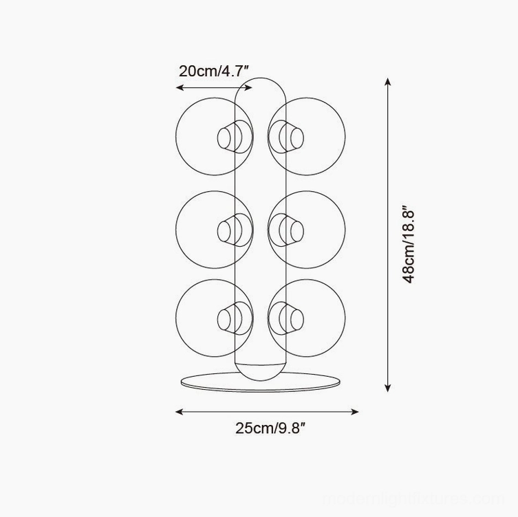 Bubble table lamp technical drawing dimensions, 48cm height 25cm width with 8 glass orbs, size specification