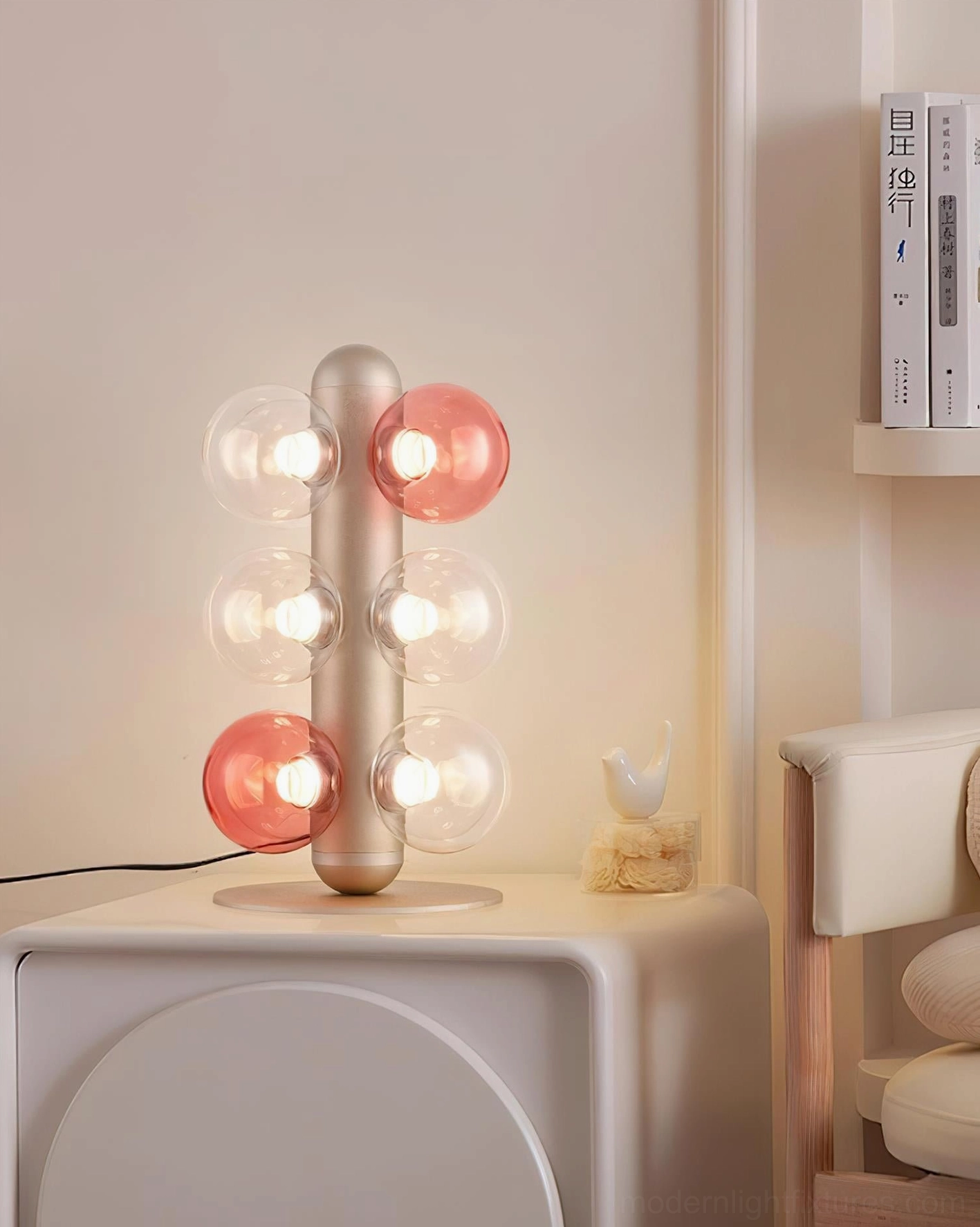Compact bubble table lamp on bedroom bedside shelf, contemporary lighting for small spaces and nightstands