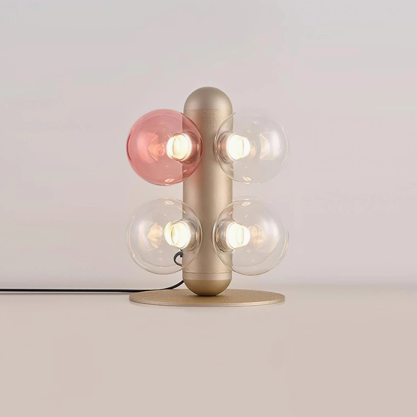 Hand-blown glass bubble table lamp illuminated, warm soft glow from integrated LED, all glass orbs lit
