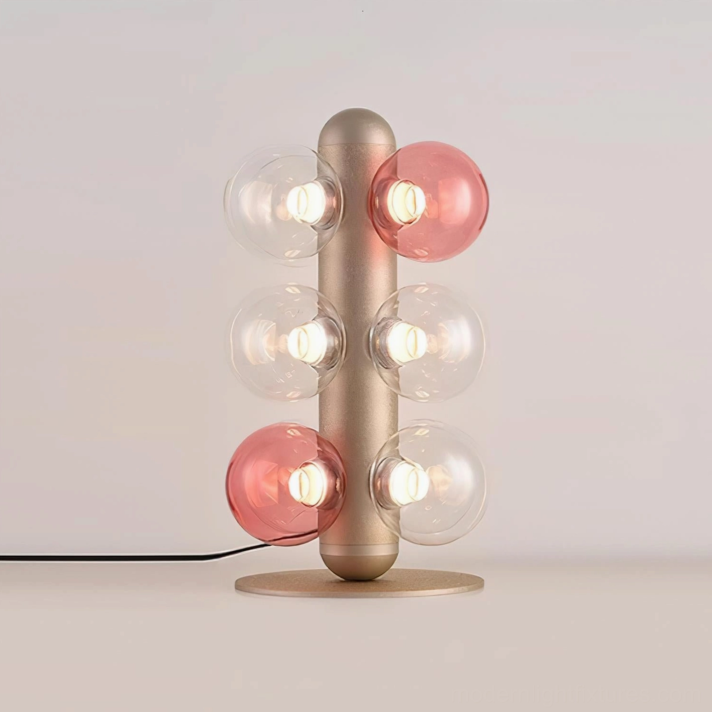 Bubble table lamp rear view, showing metal base construction, back fixture details and electrical components