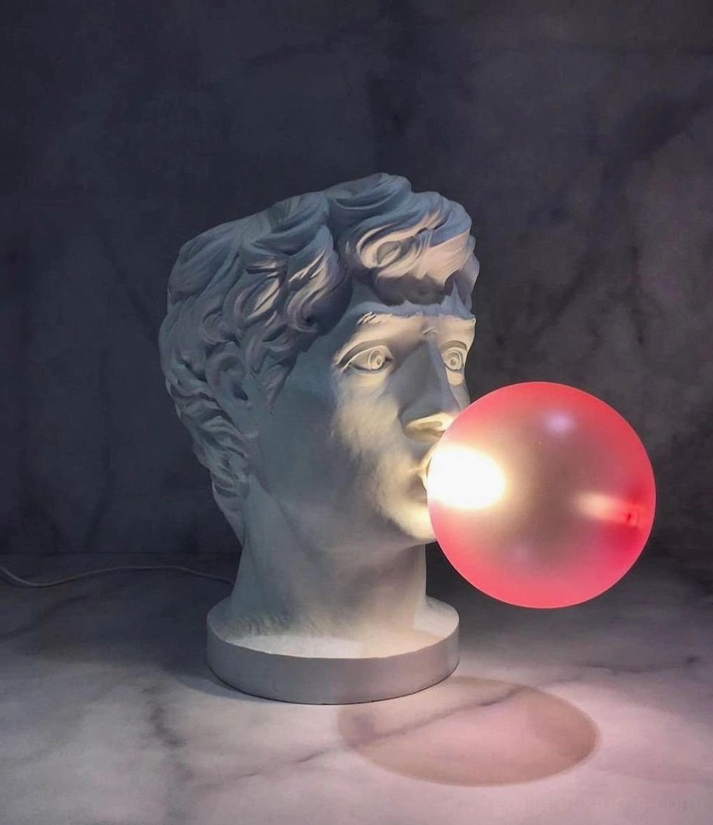Bubblegum Boy resin lamp styled in contemporary interior space with modern furniture arrangement