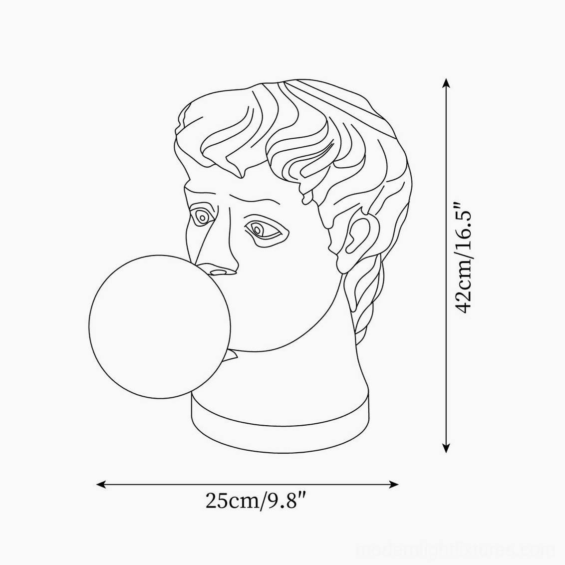 Bubblegum Boy lamp dimension schematic and technical drawing, 25cm diameter by 42cm height line art