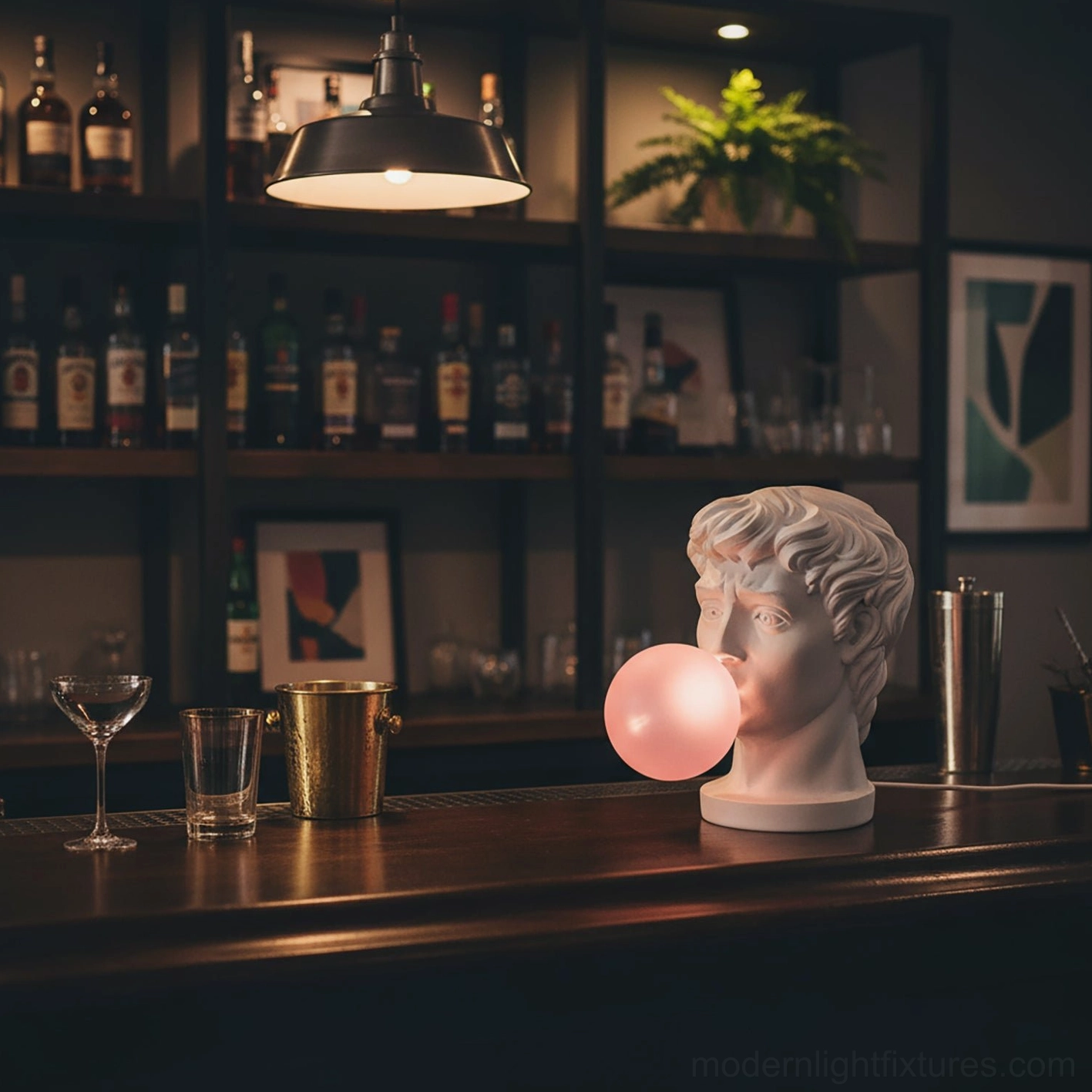Bubblegum Boy resin lamp styled on dark wood home bar counter with wine shelving in background