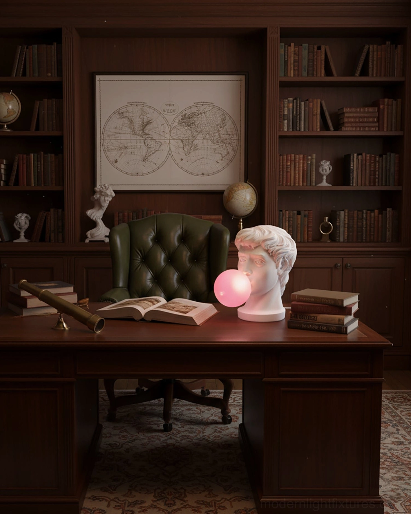 Bubblegum Boy table lamp on dark wood desk in classic home office with bookshelf and leather furniture