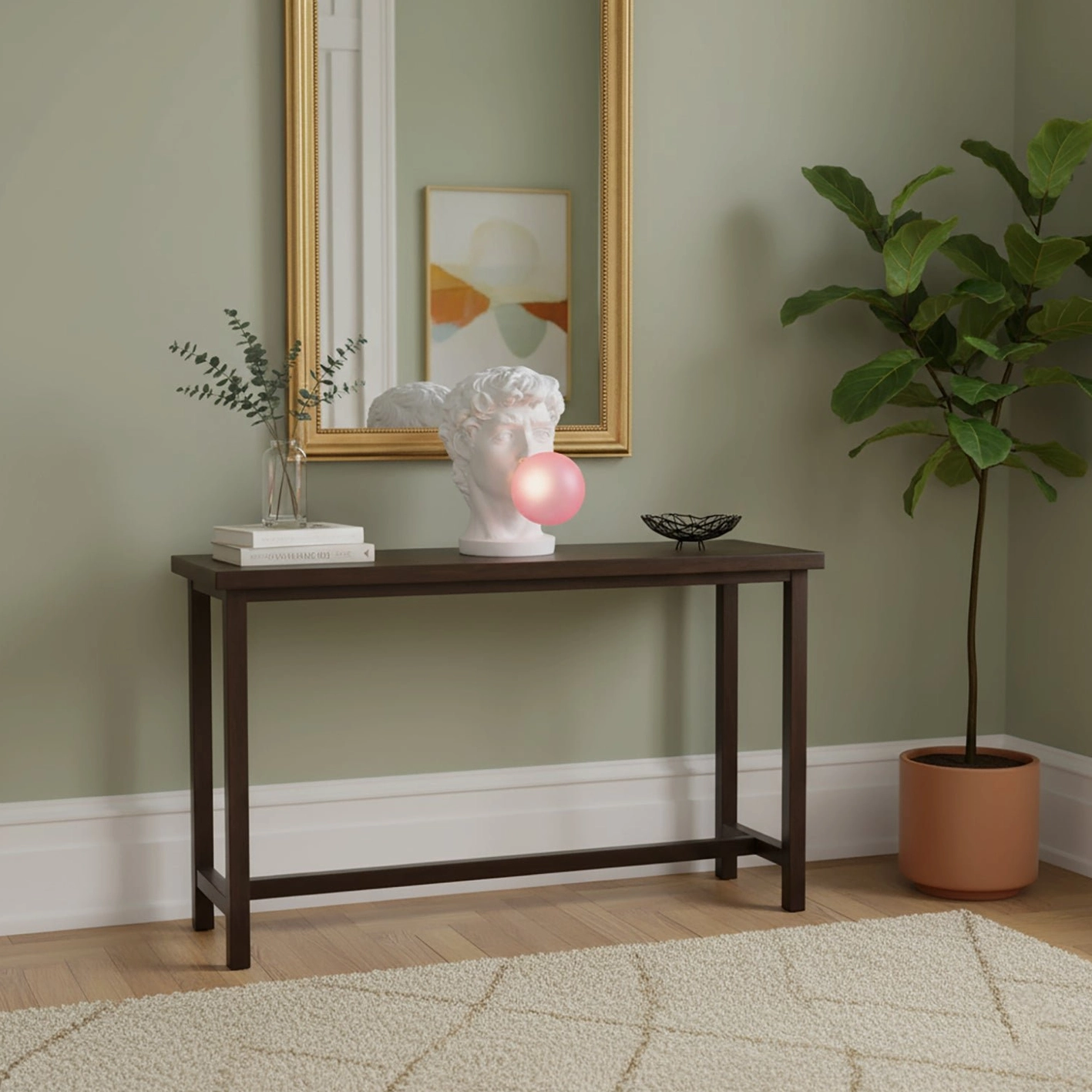 Bubblegum Boy lamp on modern living room console with light green walls, potted plant, minimalist luxury setting
