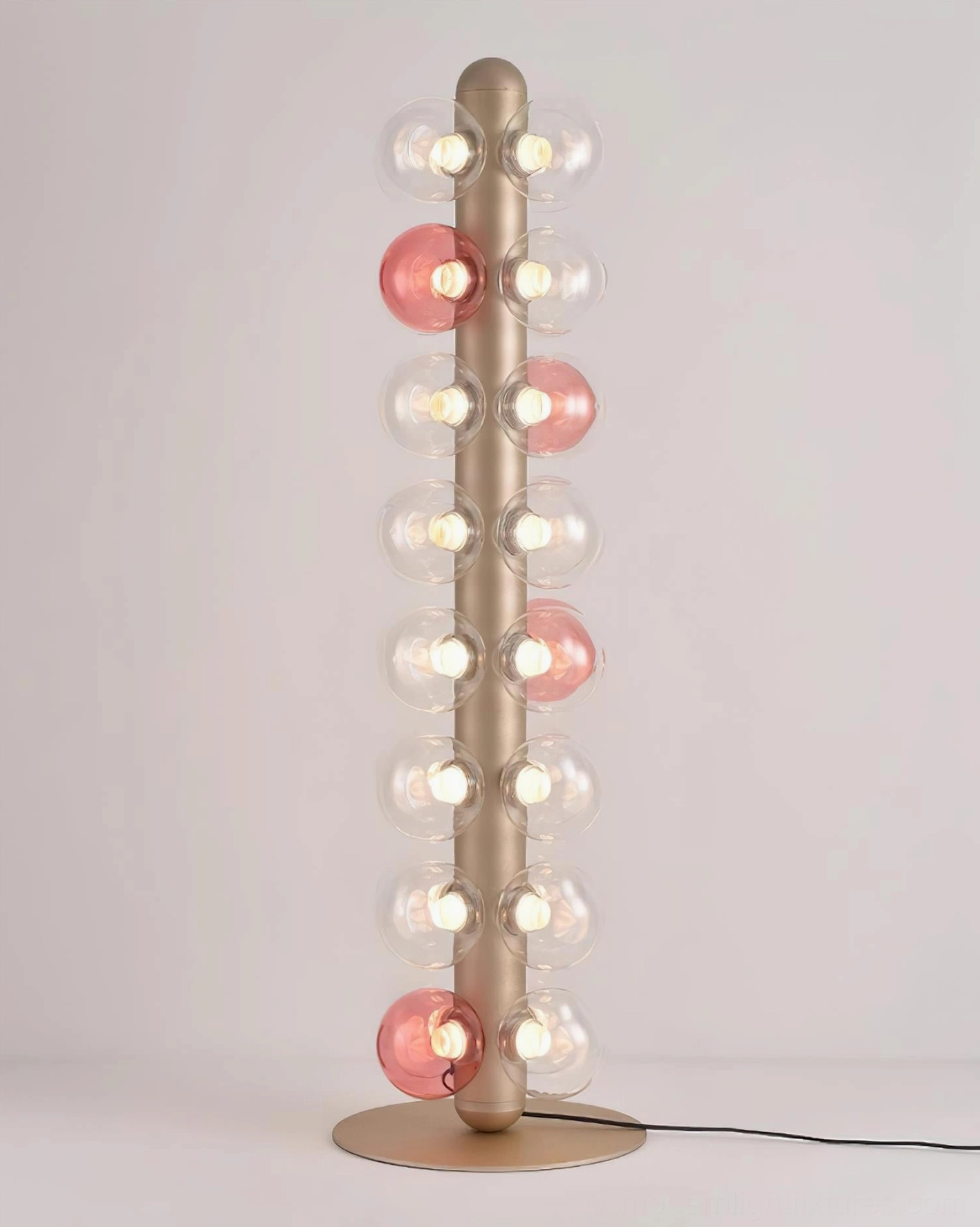 Bubbles floor lamp close-up front view illuminated glass shades detail warm white LED lighting 3000K