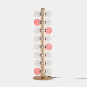 Bubbles floor lamp full front view champagne gold metal frame with clear and pink glass spheres modern lighting sculpture
