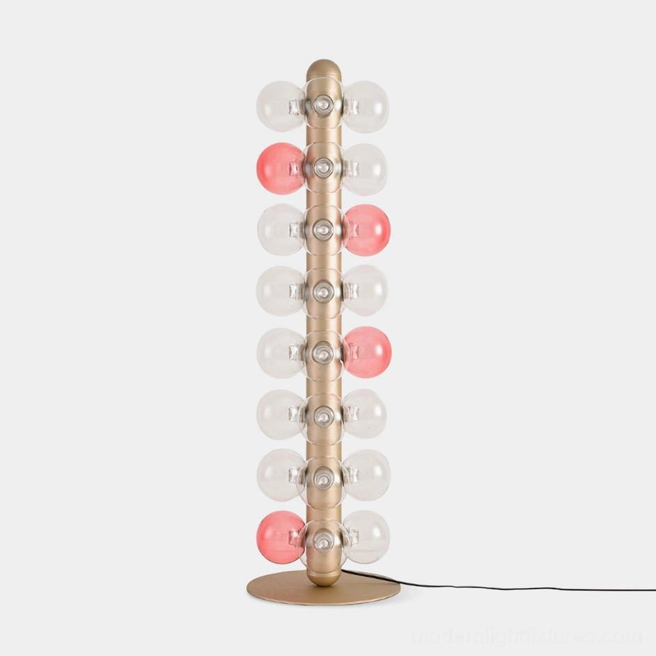 Bubbles floor lamp full front view champagne gold metal frame with clear and pink glass spheres modern lighting sculpture