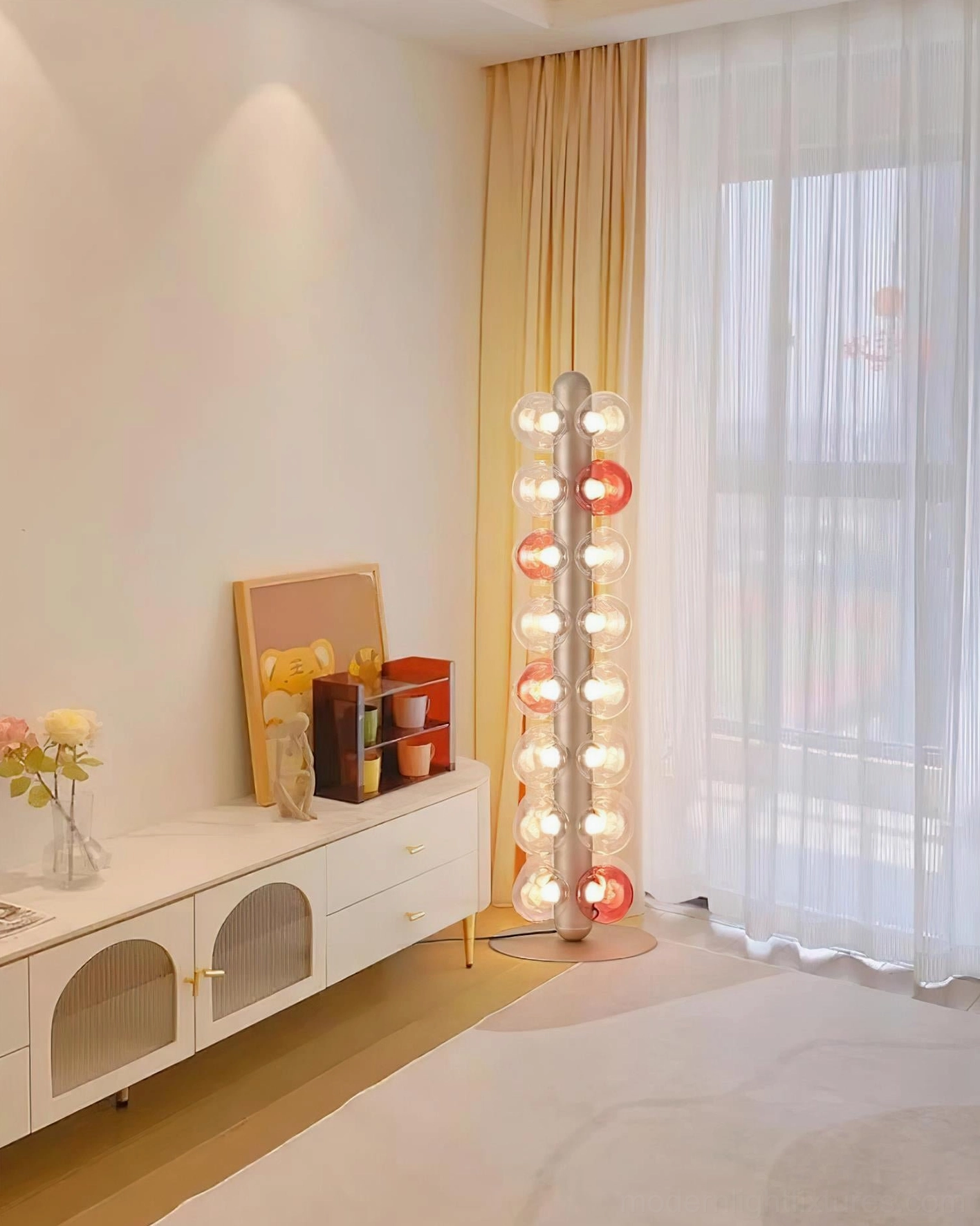 Bubbles floor lamp cozy residential living space warm ambient lighting console table window styling