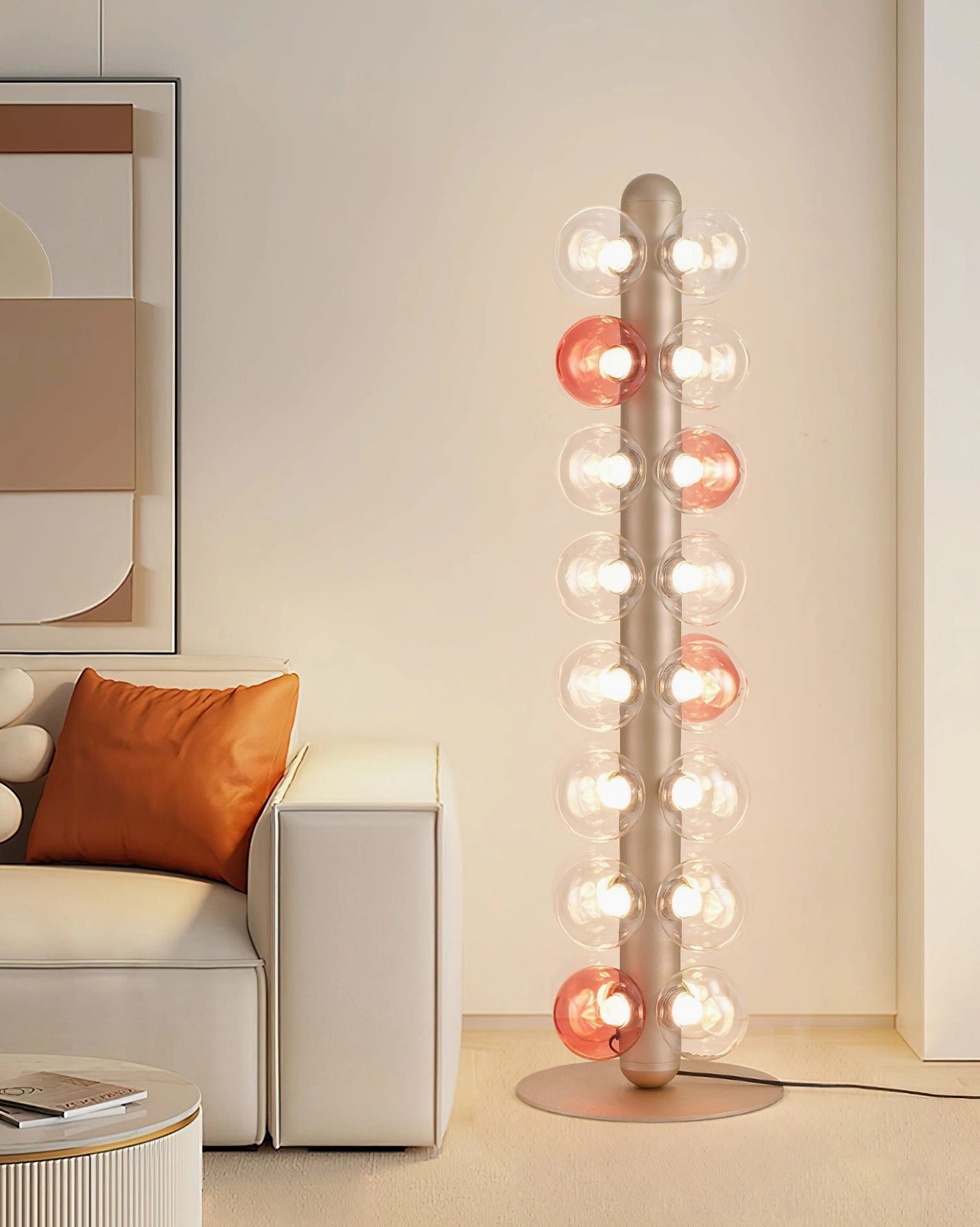 Bubbles floor lamp in living room setting warm beige decor sofa contemporary interior design styling