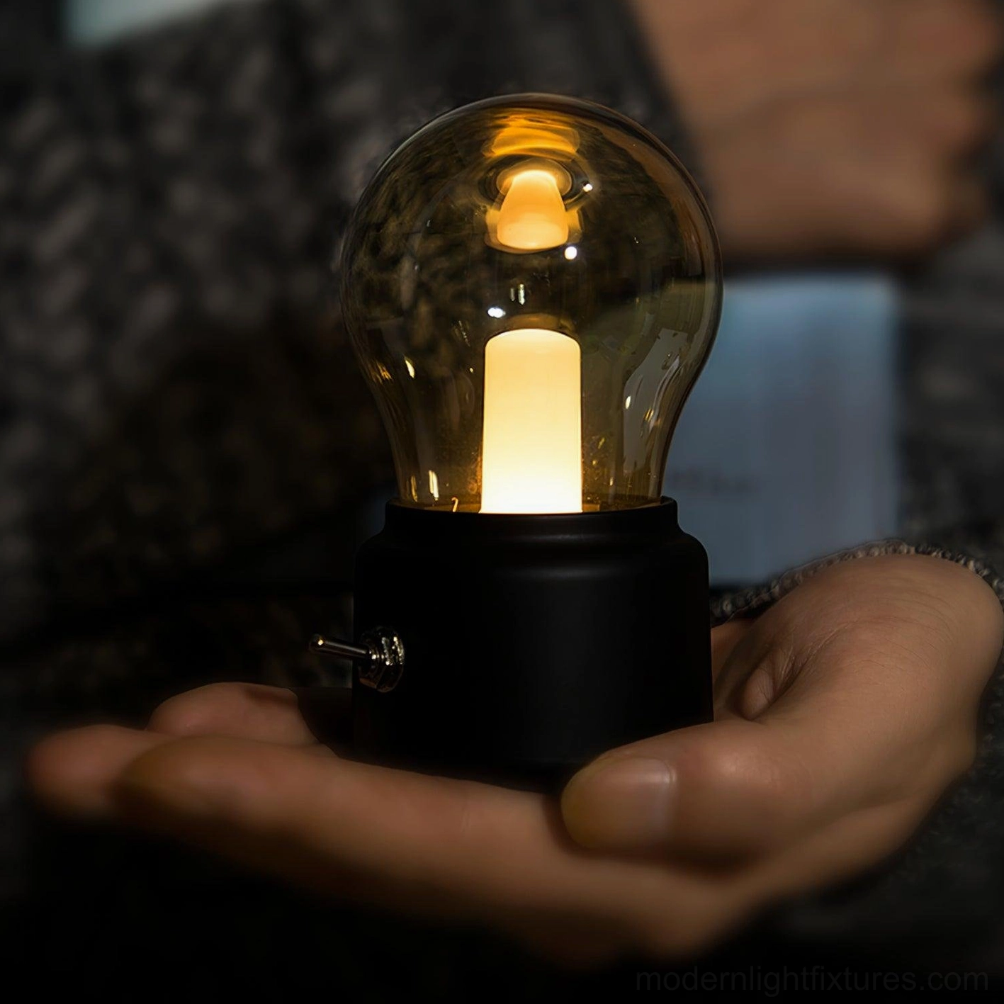 Miniature bulb shaped table lamp glass shade metal base decorative accent light