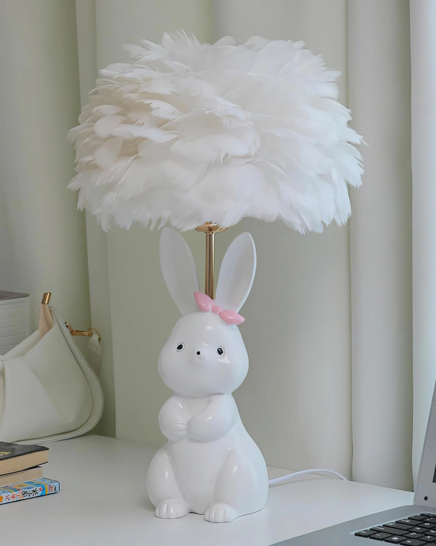Unlit pastel white rabbit table lamp with feather shade in home workspace - front angle