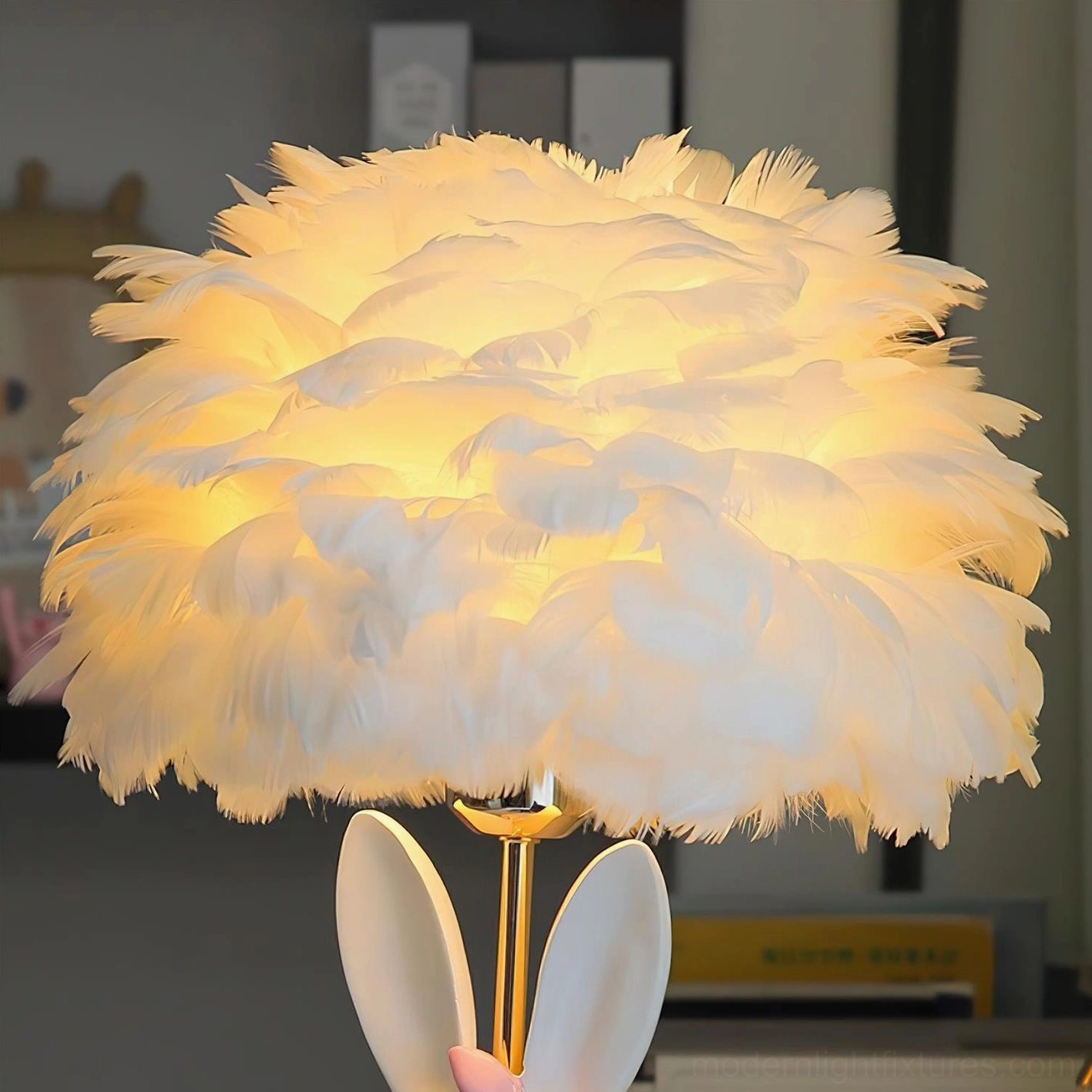 Complete pastel bunny feather table lamp collection showing multiple color and feather shade options