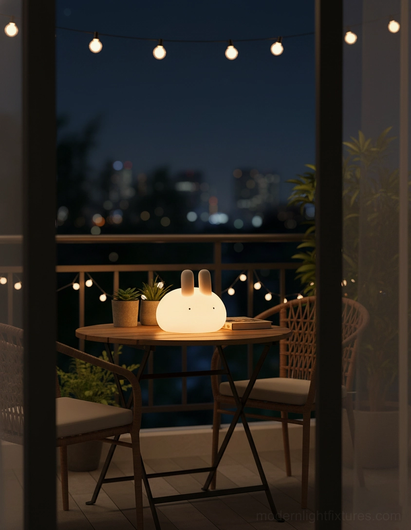 Glowing bunny night light on dining table with fairy string lights and city night view