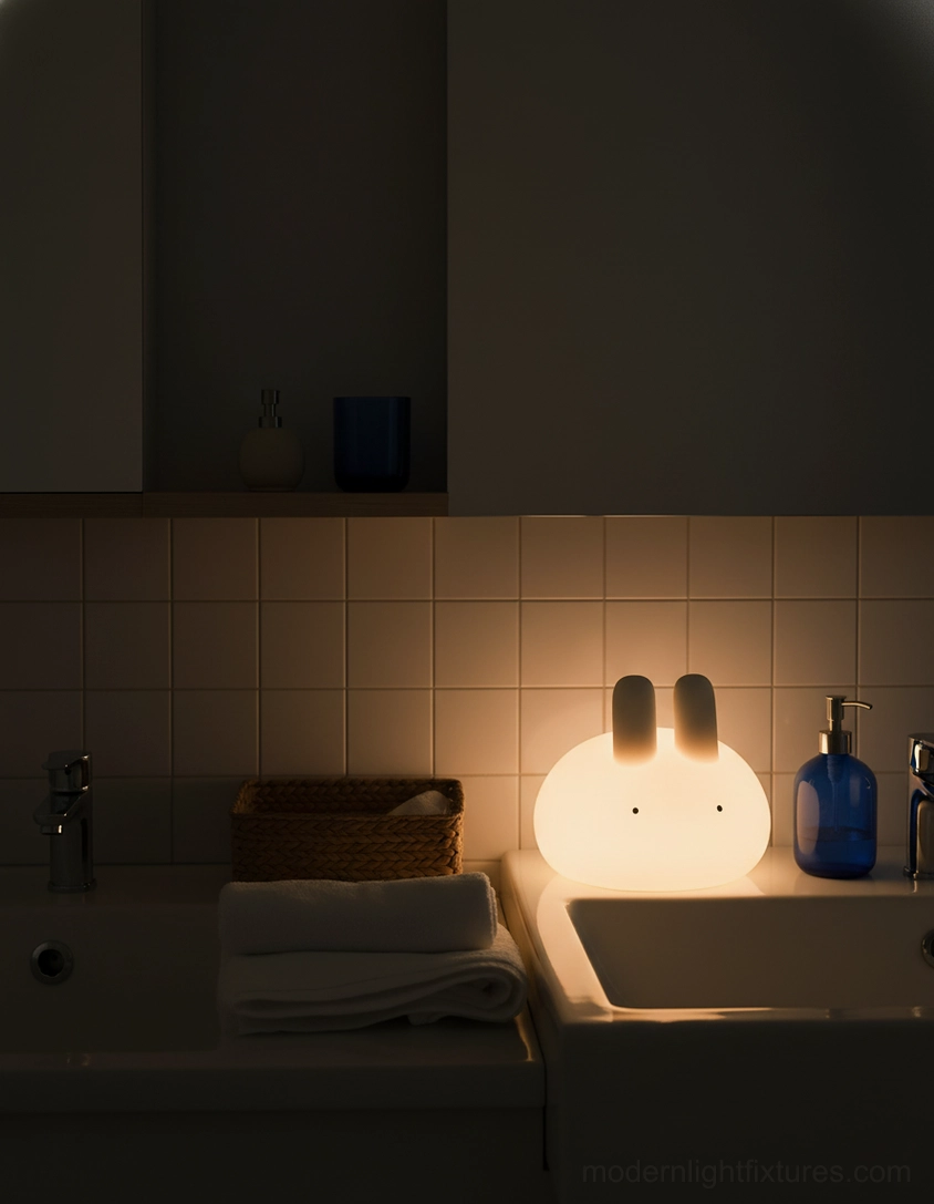 Warm white bunny lamp on bathroom vanity countertop with toiletries and tiled wall