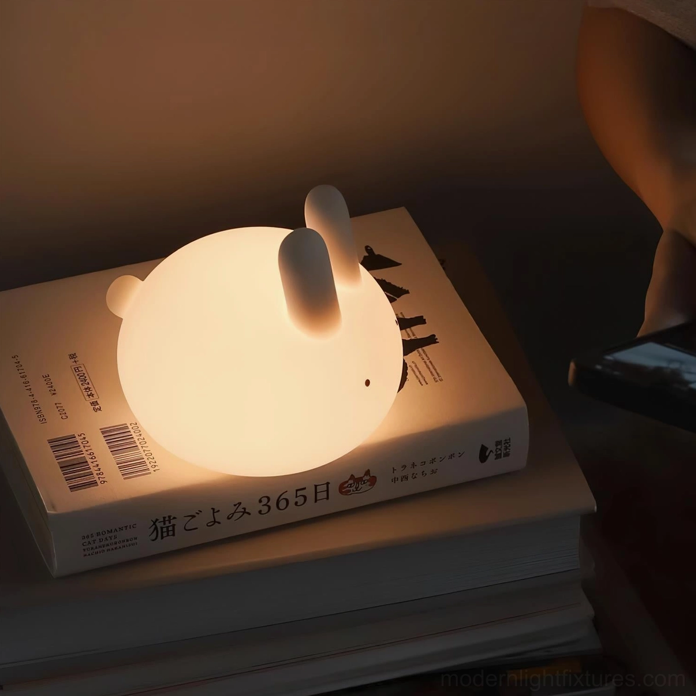 Playful bunny night light adding warmth to contemporary japandi home decor