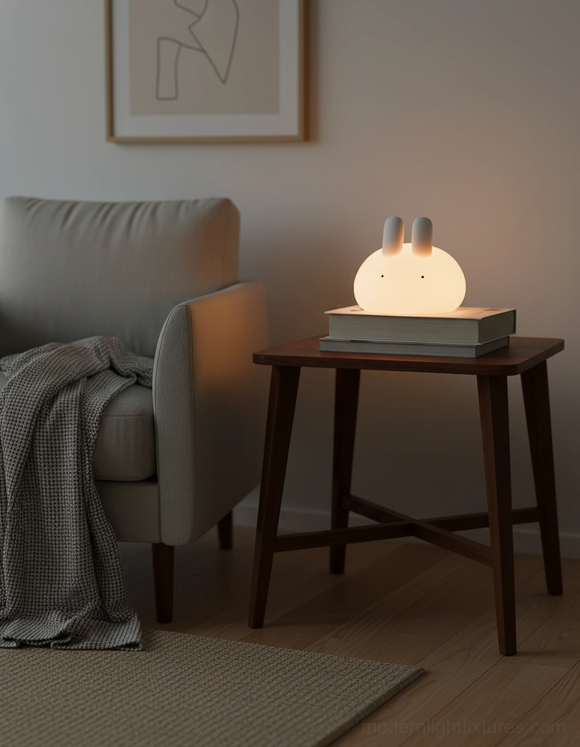 Illuminated bunny silicone light on minimalist wooden side table, neutral home setting