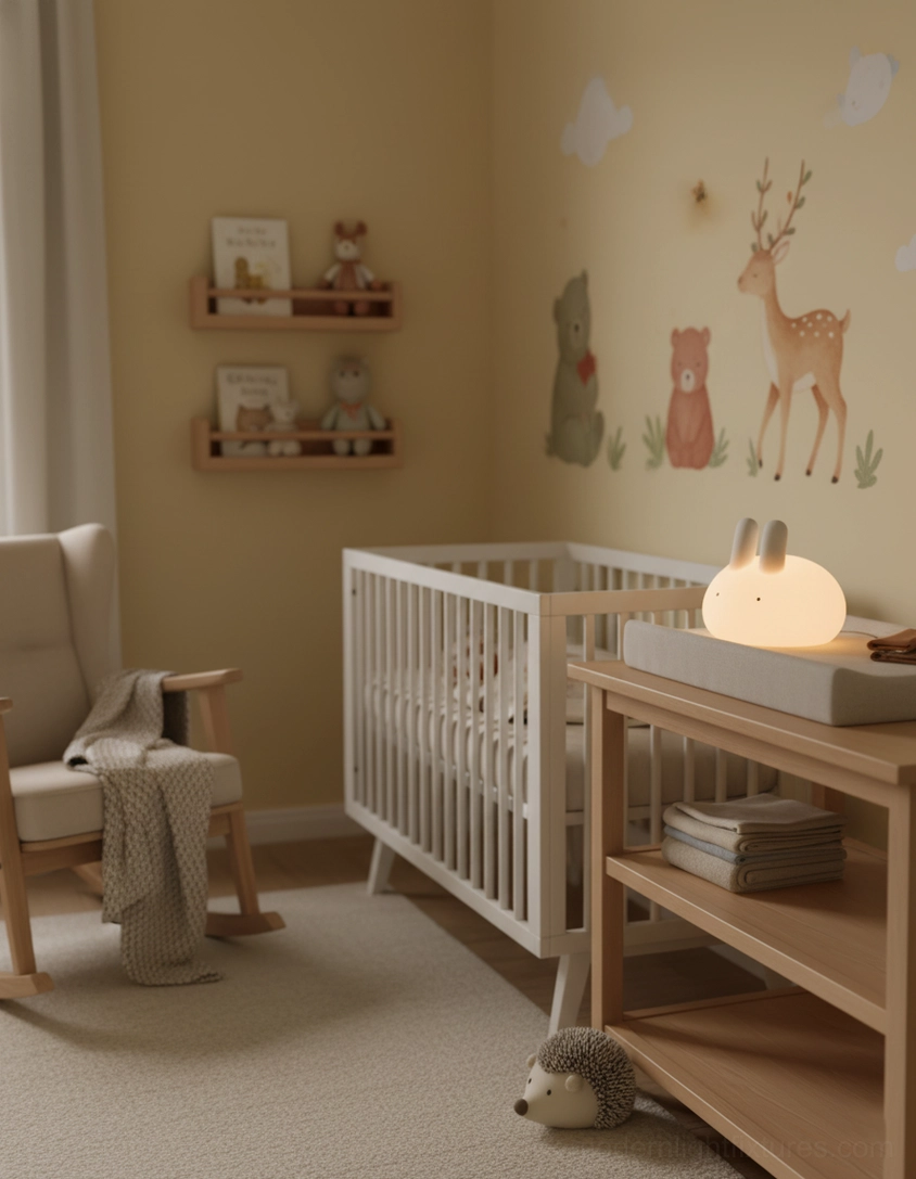 Soft bunny lamp in modern nursery bedroom with warm lighting and animal wall decals